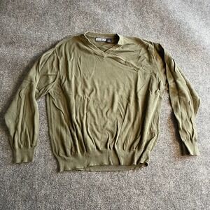 Structure Mens XL Olive Green V-Neck‎ 100% Cotton Fine Knit Vintage Sweater